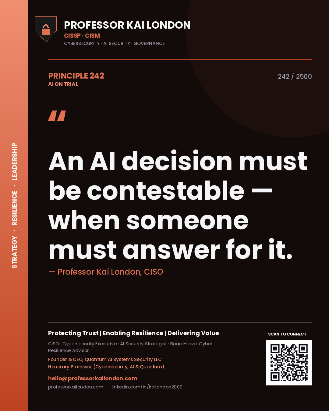 Quote card by Professor Kai London reading 'An AI decision must be contestable — when someone must answer for it.'. From the book AI on Trial.