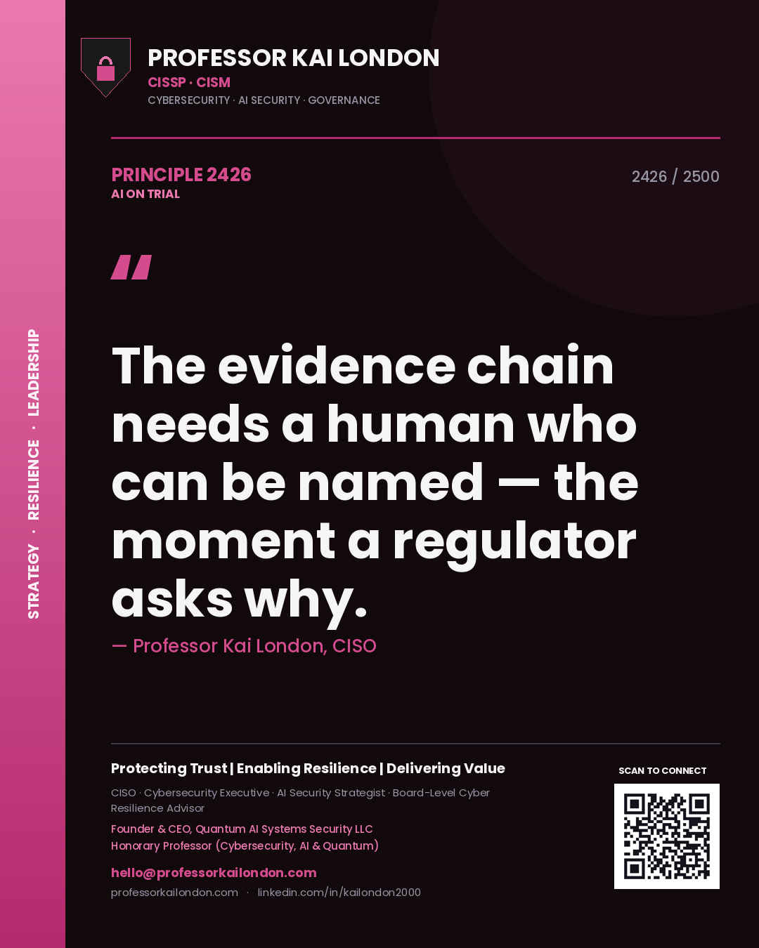 Professor Kai London principle 2426: The evidence chain needs a human who can be named — the moment a regulator asks why.