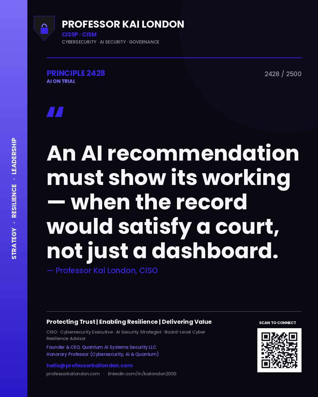 Professor Kai London principle 2428: An AI recommendation must show its working — when the record would satisfy a court, not just a dashboard.