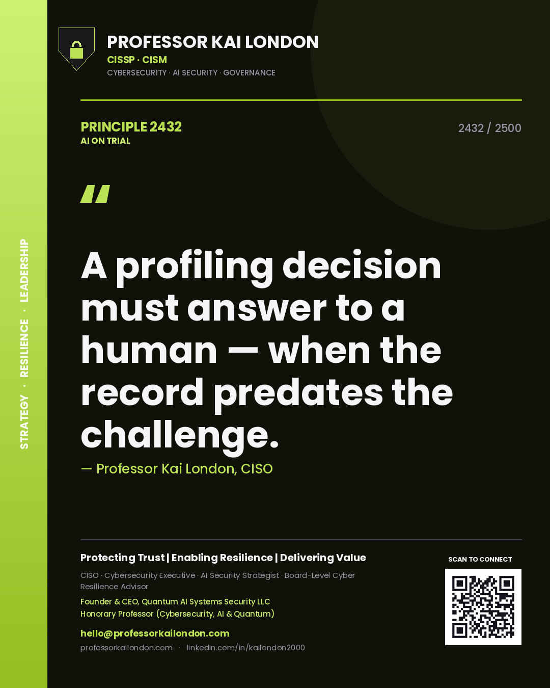 Professor Kai London principle 2432: A profiling decision must answer to a human — when the record predates the challenge.