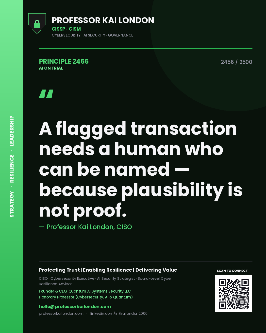 Professor Kai London principle 2456: A flagged transaction needs a human who can be named — because plausibility is not proof.