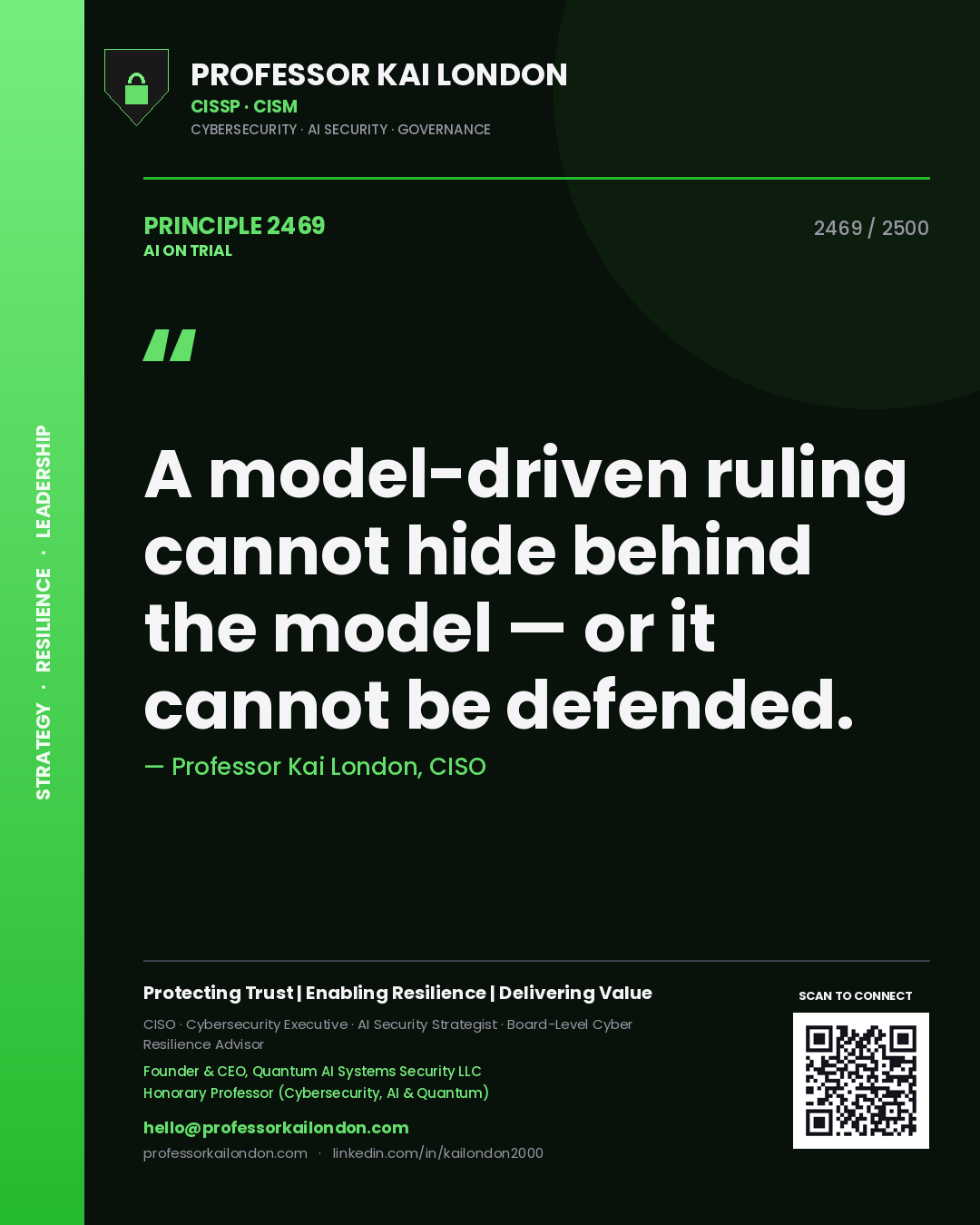Quote card by Professor Kai London reading 'A model-driven ruling cannot hide behind the model — or it cannot be defended.'. From the book AI on Trial.