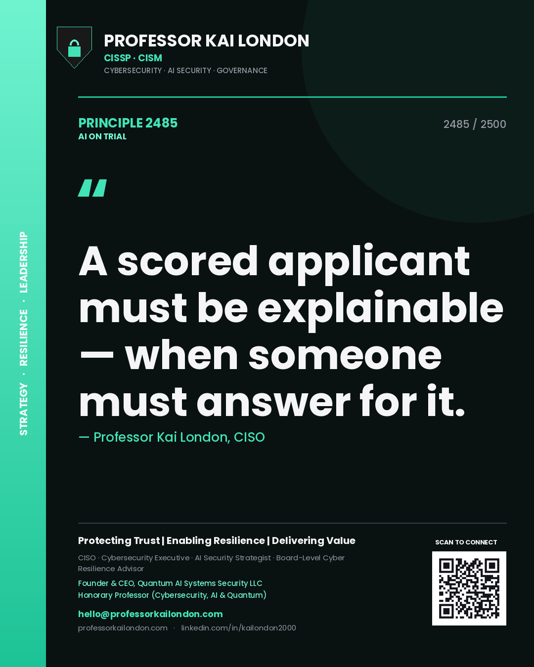 Professor Kai London principle 2485: A scored applicant must be explainable — when someone must answer for it.