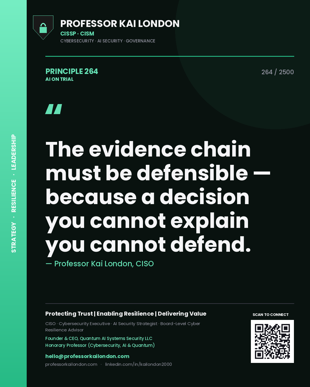 Professor Kai London principle 264: The evidence chain must be defensible — because a decision you cannot explain you cannot defend.
