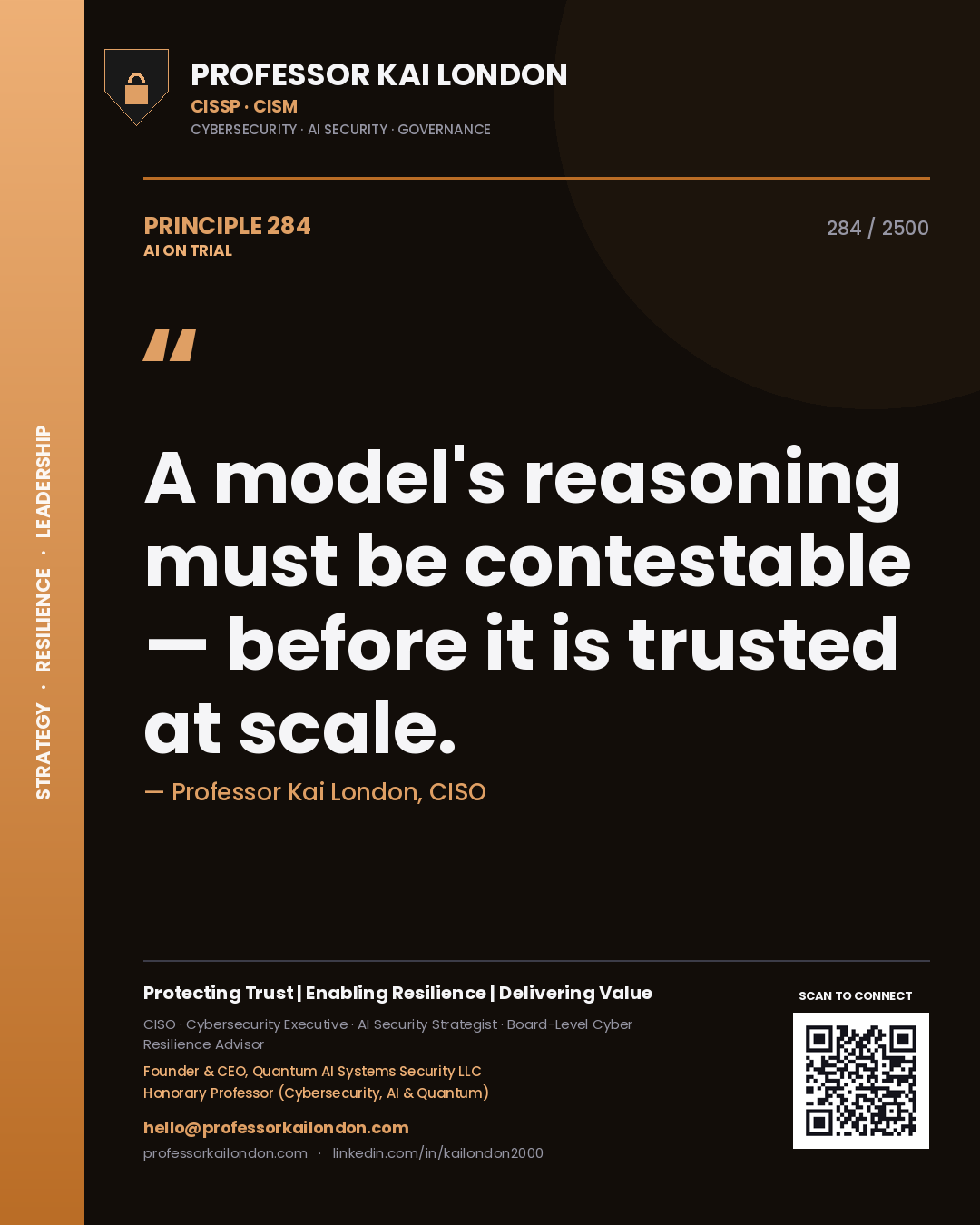 Quote card by Professor Kai London reading 'A model's reasoning must be contestable — before it is trusted at scale.'. From the book AI on Trial.