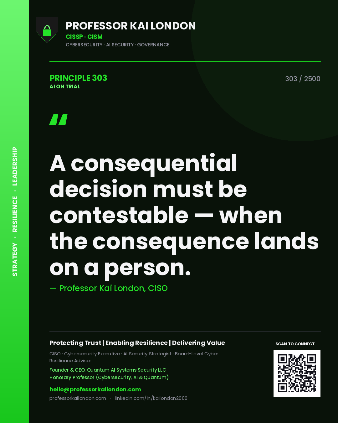 Professor Kai London principle 303: A consequential decision must be contestable — when the consequence lands on a person.