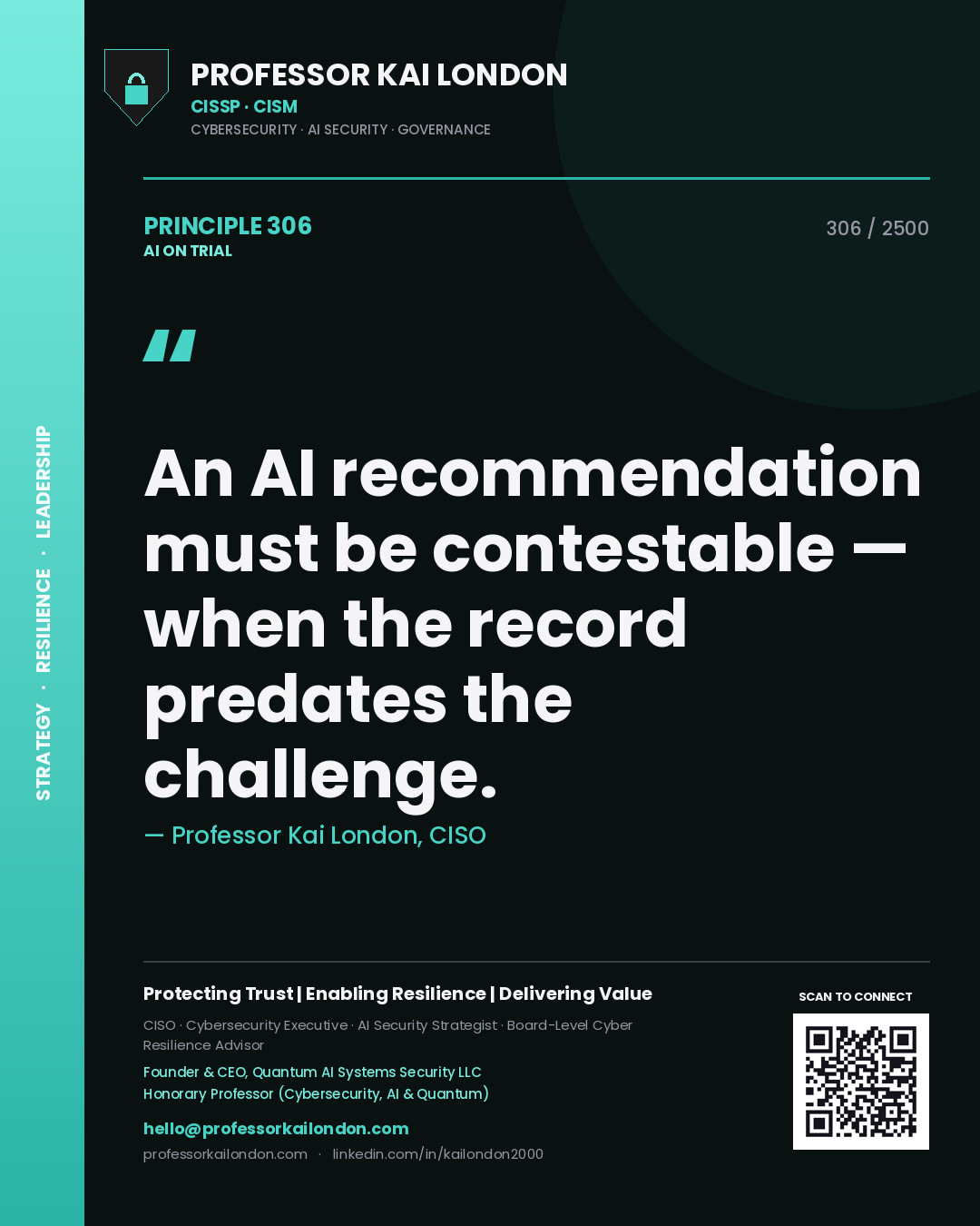 Professor Kai London principle 306: An AI recommendation must be contestable — when the record predates the challenge.