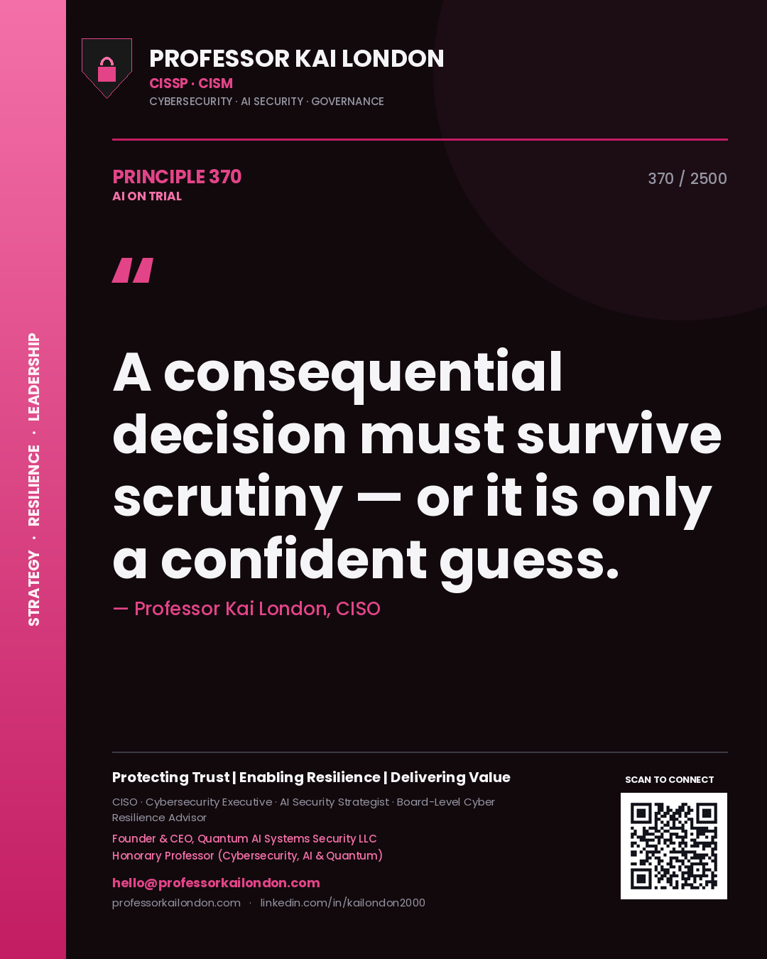 Quote card by Professor Kai London reading 'A consequential decision must survive scrutiny — or it is only a confident guess.'. From the book AI on Trial.