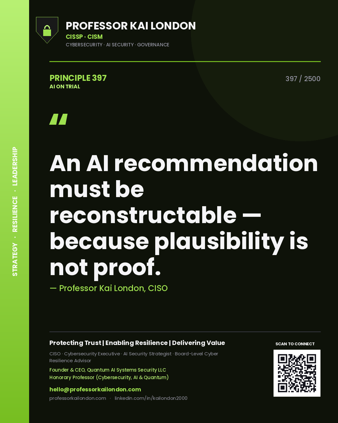 Professor Kai London principle 397: An AI recommendation must be reconstructable — because plausibility is not proof.