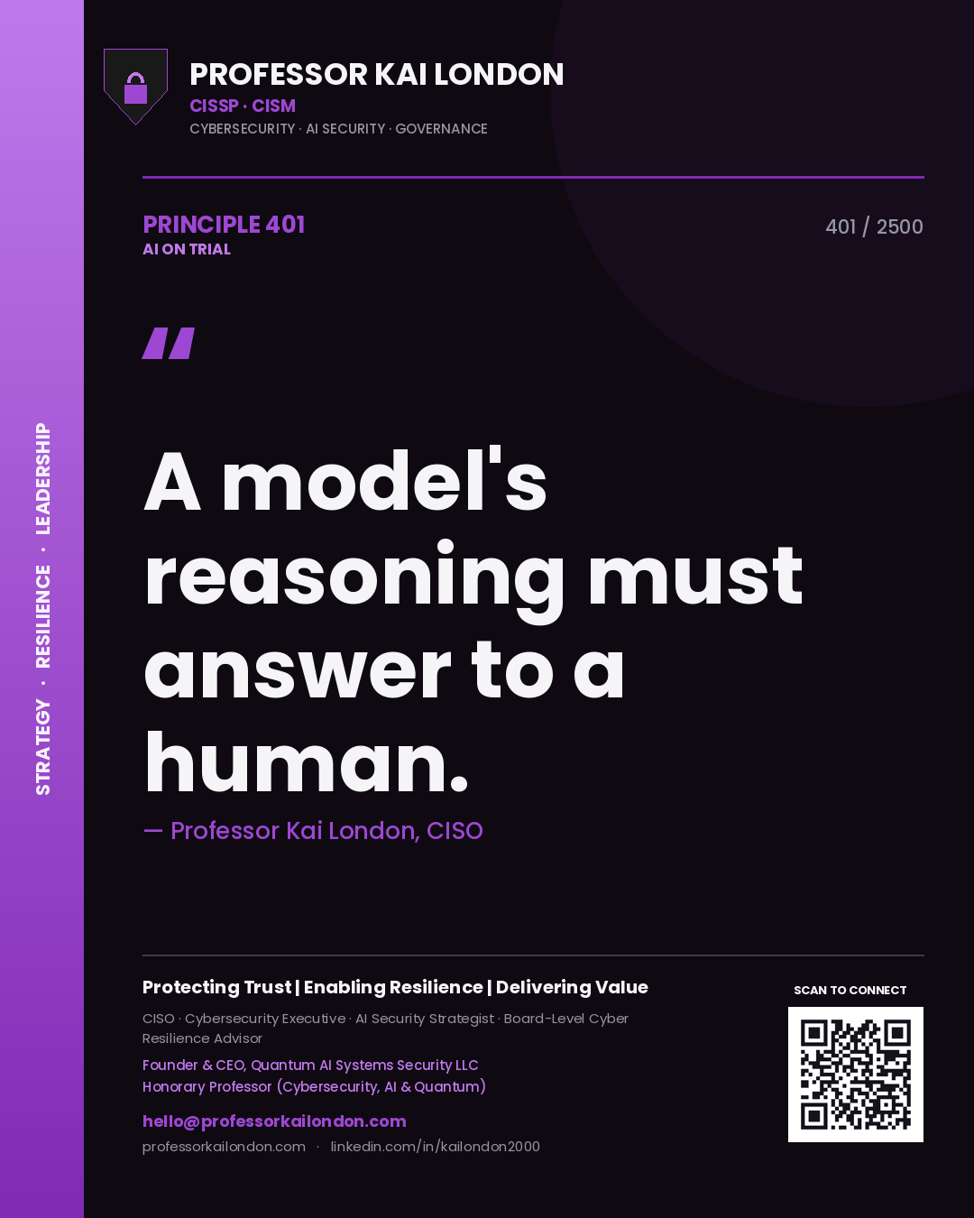 Quote card by Professor Kai London reading 'A model's reasoning must answer to a human.'. From the book AI on Trial.