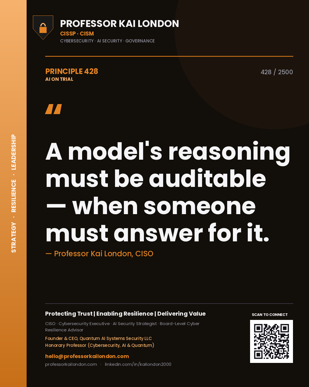 Quote card by Professor Kai London reading 'A model's reasoning must be auditable — when someone must answer for it.'. From the book AI on Trial.
