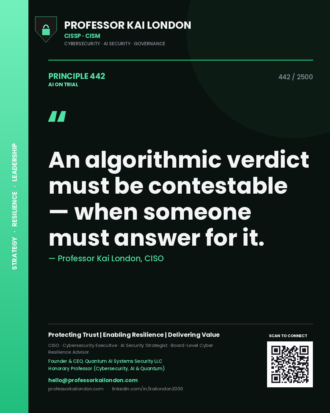 Quote card by Professor Kai London reading 'An algorithmic verdict must be contestable — when someone must answer for it.'. From the book AI on Trial.