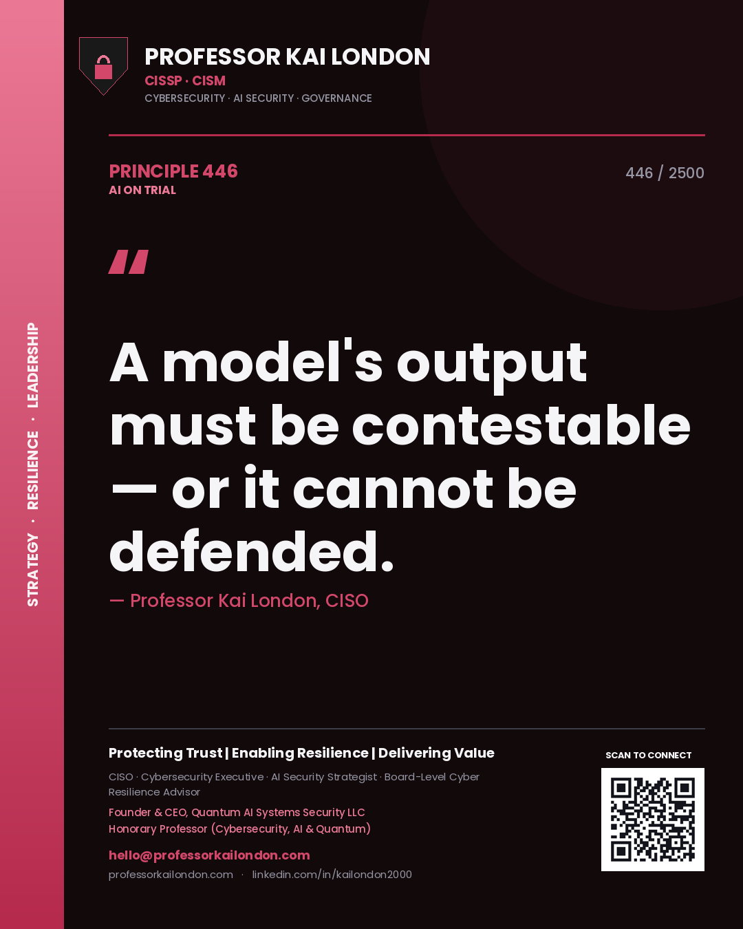 Quote card by Professor Kai London reading 'A model's output must be contestable — or it cannot be defended.'. From the book AI on Trial.