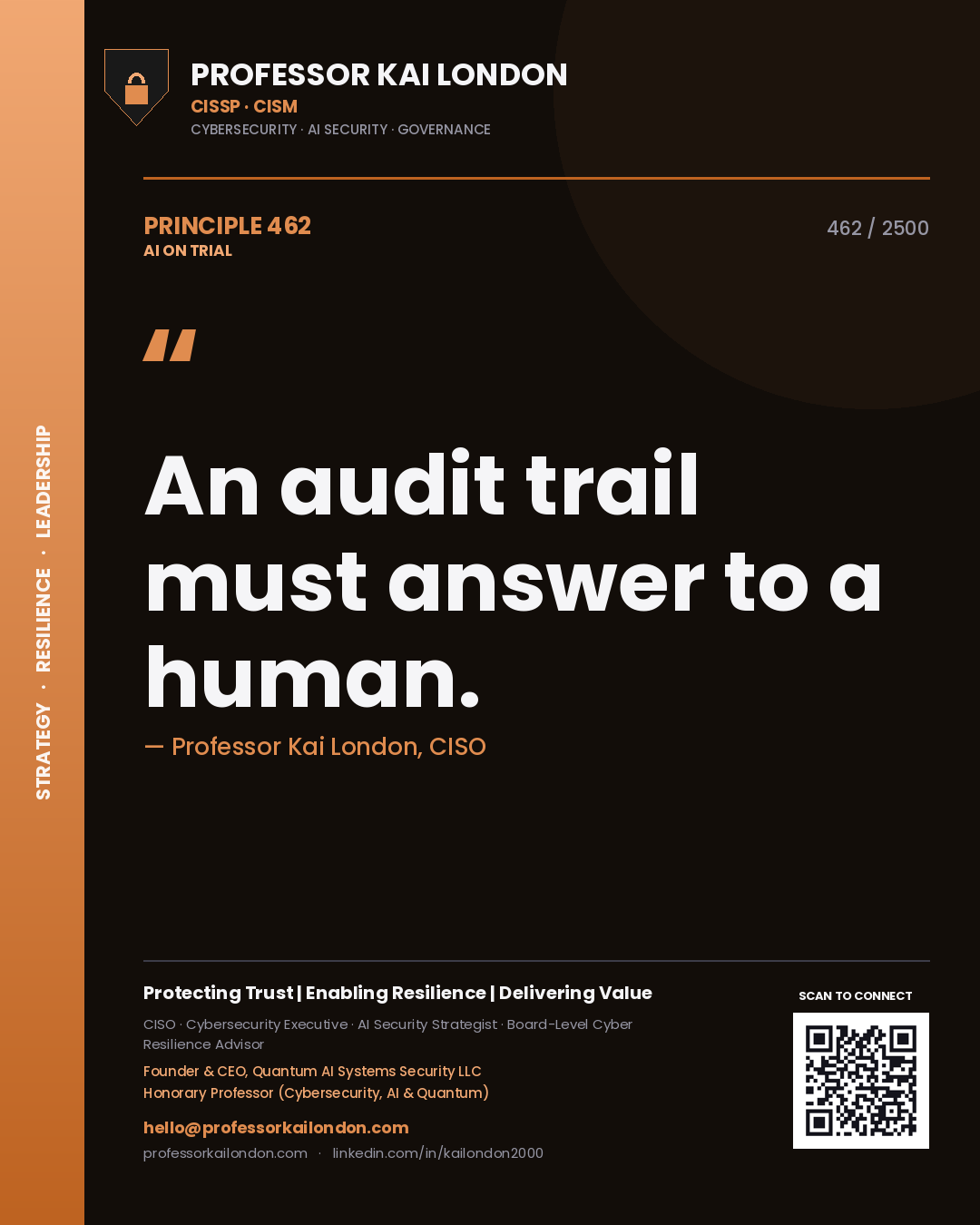Quote card by Professor Kai London reading 'An audit trail must answer to a human.'. From the book AI on Trial.