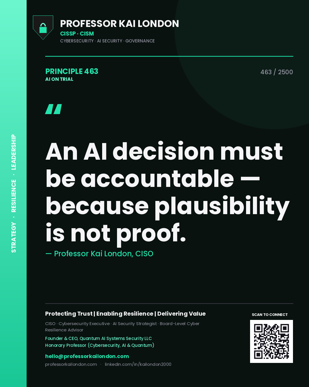 Quote card by Professor Kai London reading 'An AI decision must be accountable — because plausibility is not proof.'. From the book AI on Trial.
