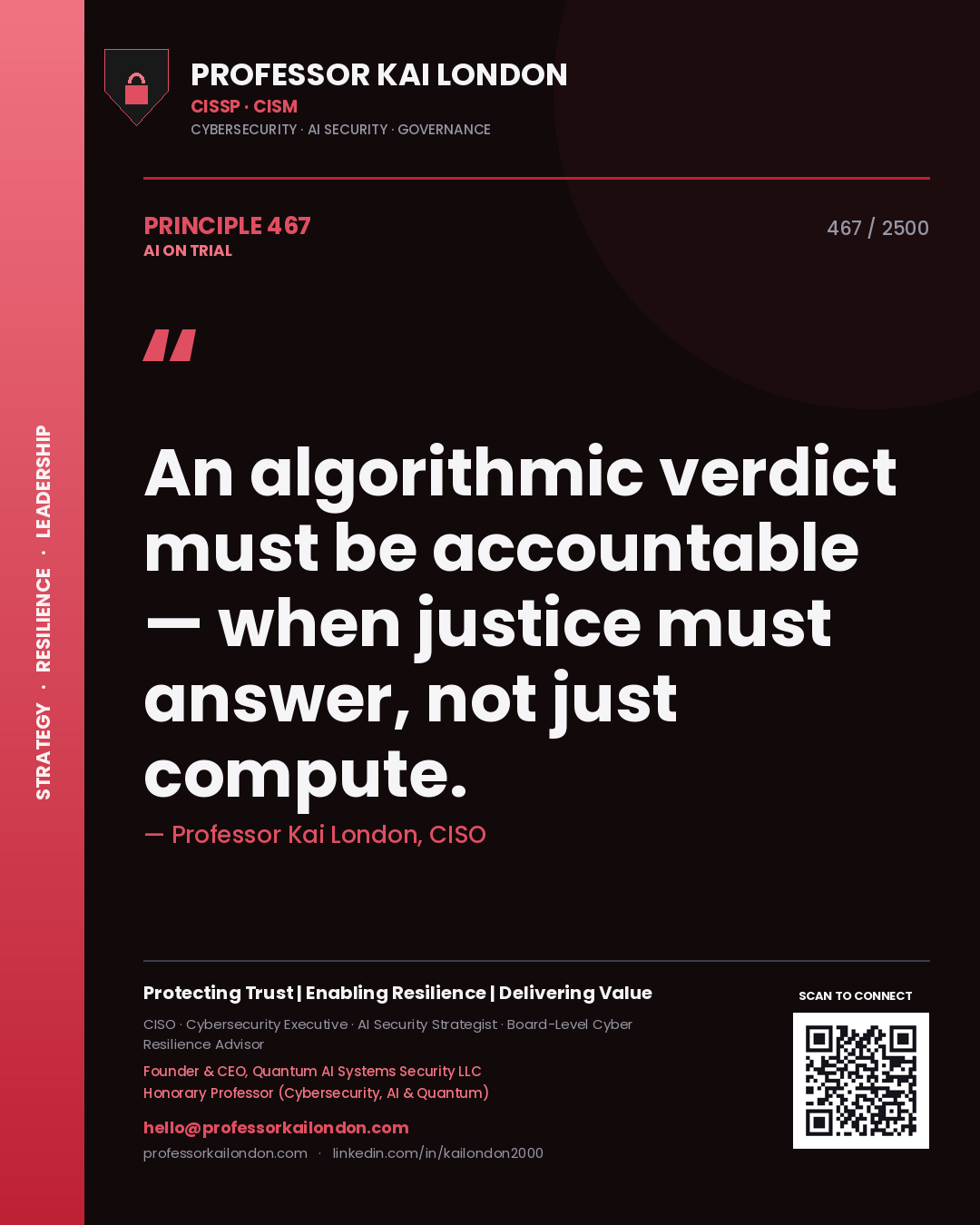 Quote card by Professor Kai London reading 'An algorithmic verdict must be accountable — when justice must answer, not just compute.'. From the book AI on Trial.