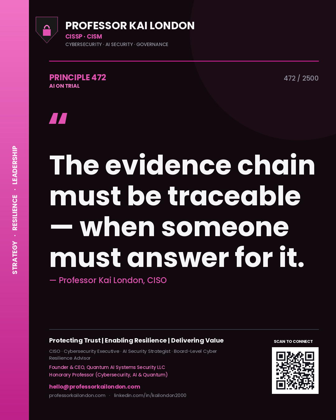 Quote card by Professor Kai London reading 'The evidence chain must be traceable — when someone must answer for it.'. From the book AI on Trial.