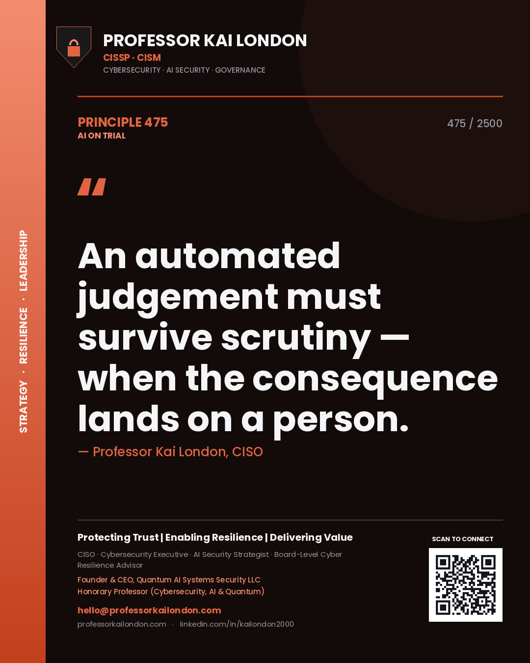 Quote card by Professor Kai London reading 'An automated judgement must survive scrutiny — when the consequence lands on a person.'. From the book AI on Trial.
