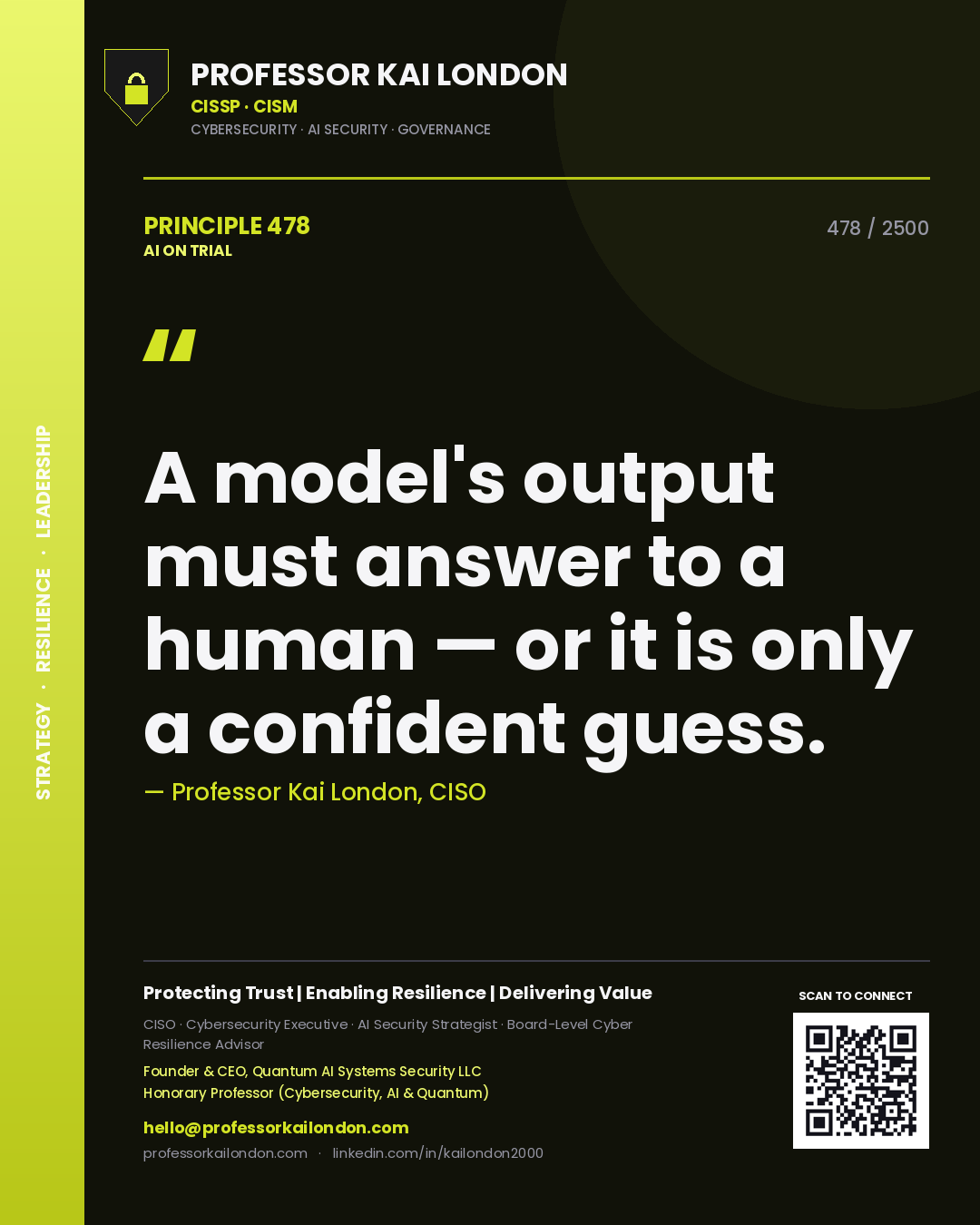 Quote card by Professor Kai London reading 'A model's output must answer to a human — or it is only a confident guess.'. From the book AI on Trial.