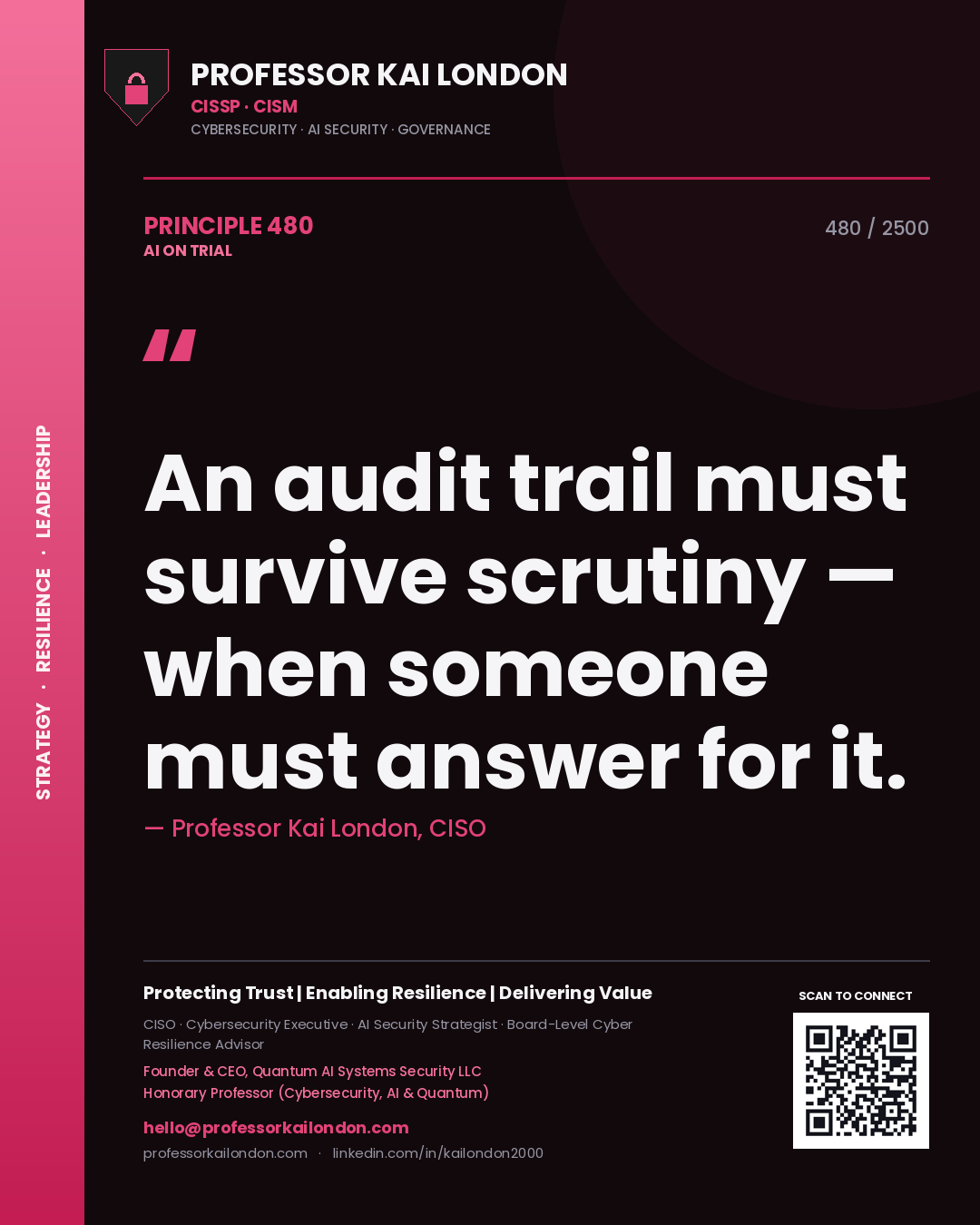 Quote card by Professor Kai London reading 'An audit trail must survive scrutiny — when someone must answer for it.'. From the book AI on Trial.
