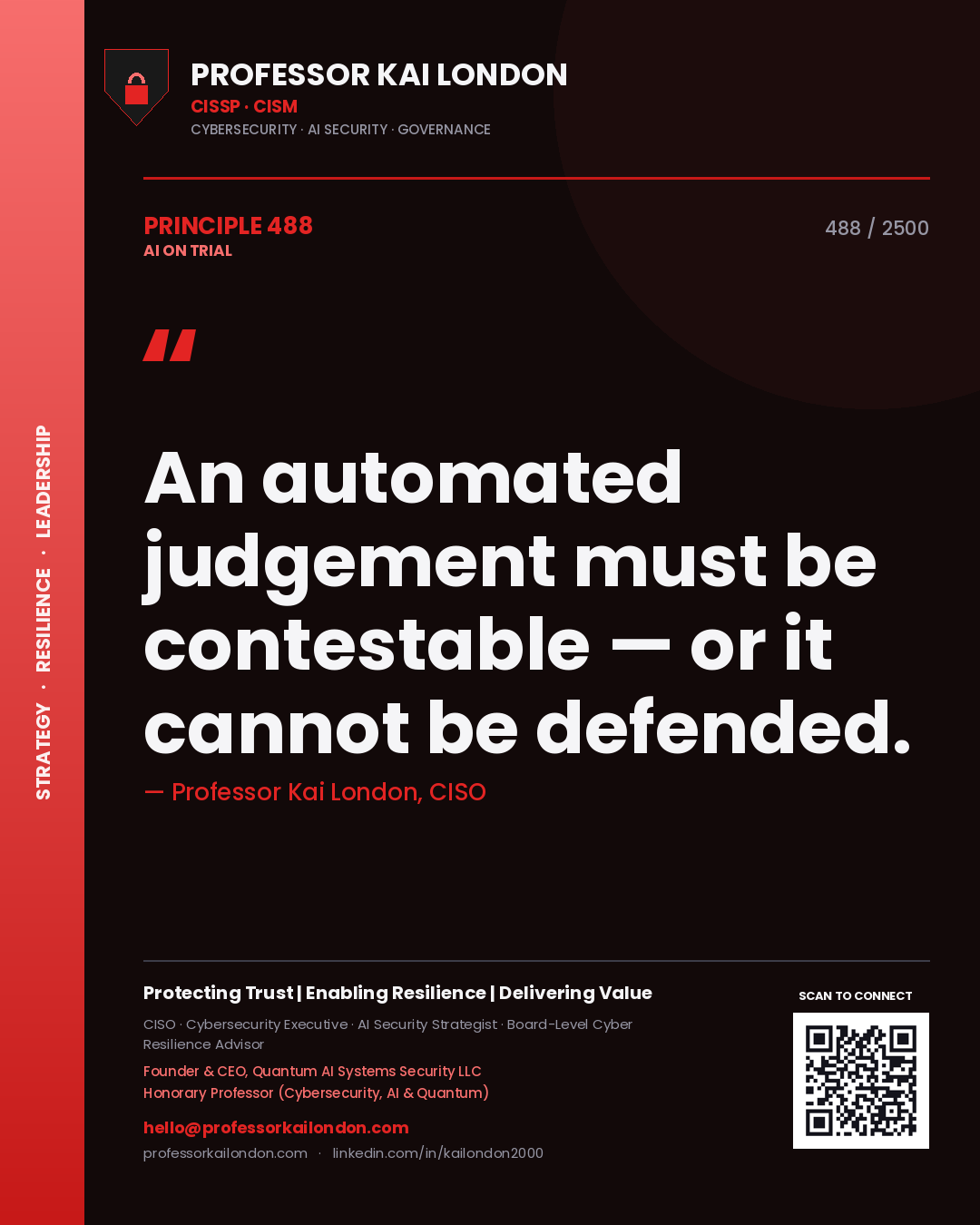 Quote card by Professor Kai London reading 'An automated judgement must be contestable — or it cannot be defended.'. From the book AI on Trial.
