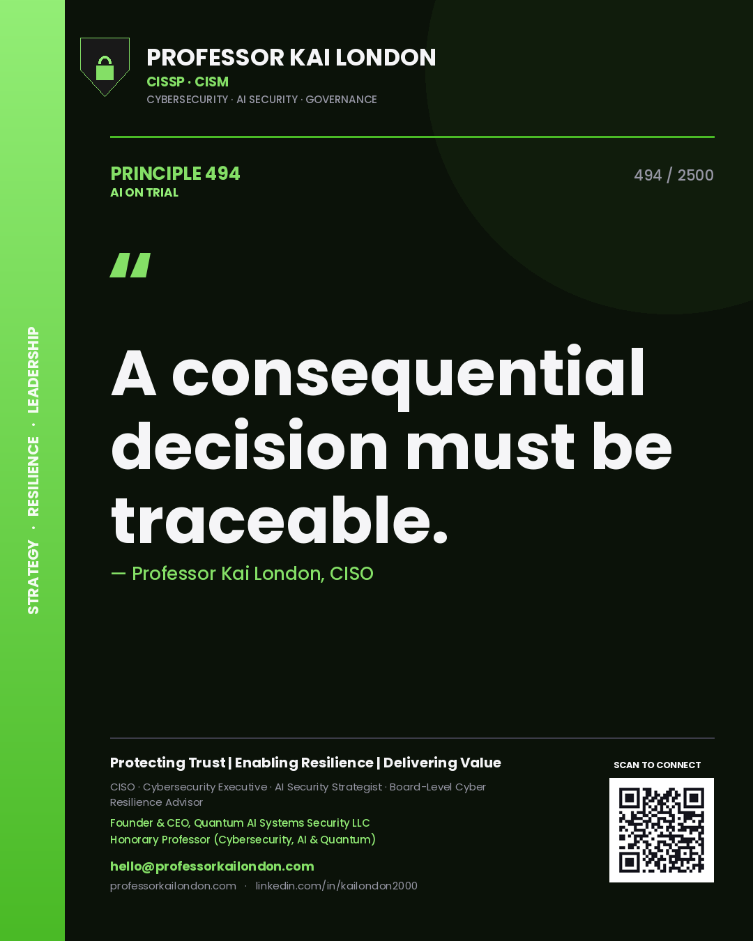 Quote card by Professor Kai London reading 'A consequential decision must be traceable.'. From the book AI on Trial.