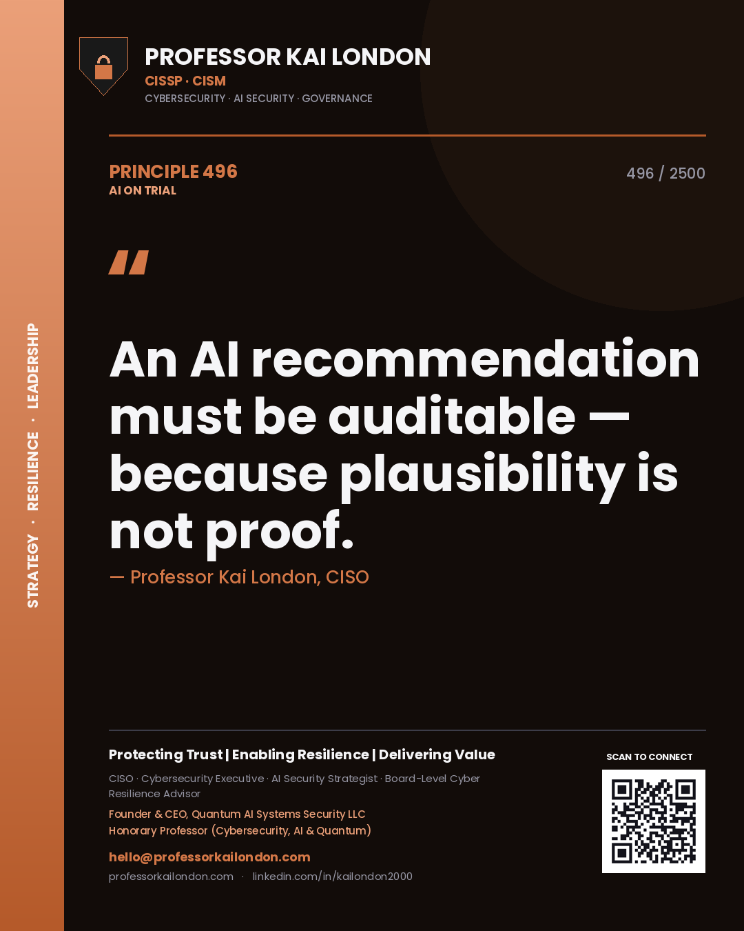 Quote card by Professor Kai London reading 'An AI recommendation must be auditable — because plausibility is not proof.'. From the book AI on Trial.