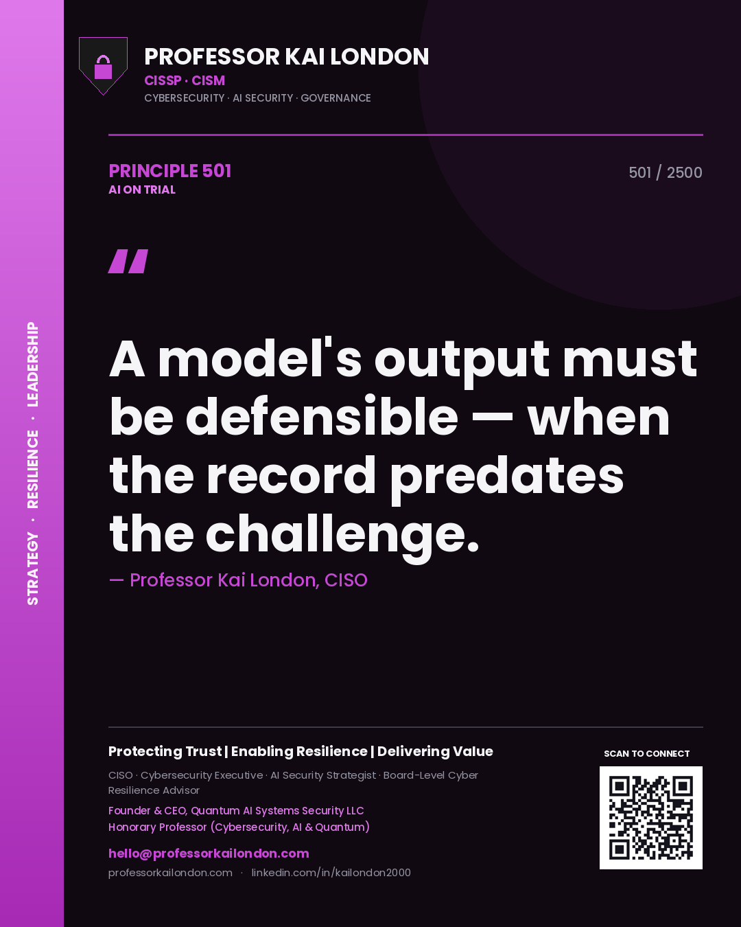 Professor Kai London principle 501: A model's output must be defensible — when the record predates the challenge.