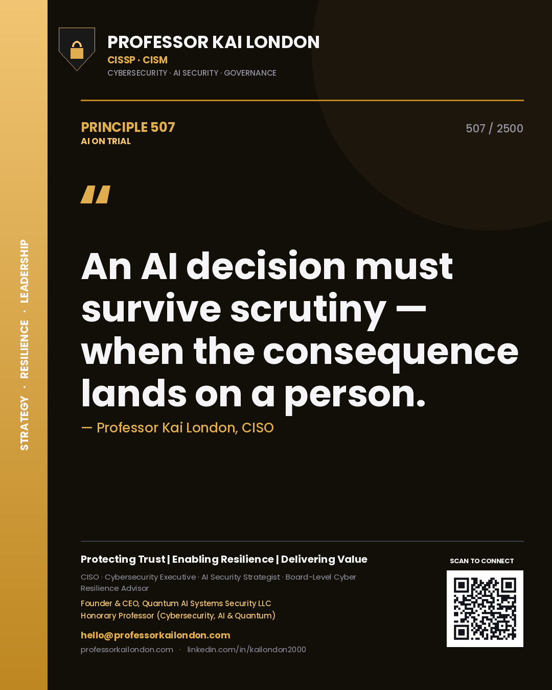 Professor Kai London principle 507: An AI decision must survive scrutiny — when the consequence lands on a person.