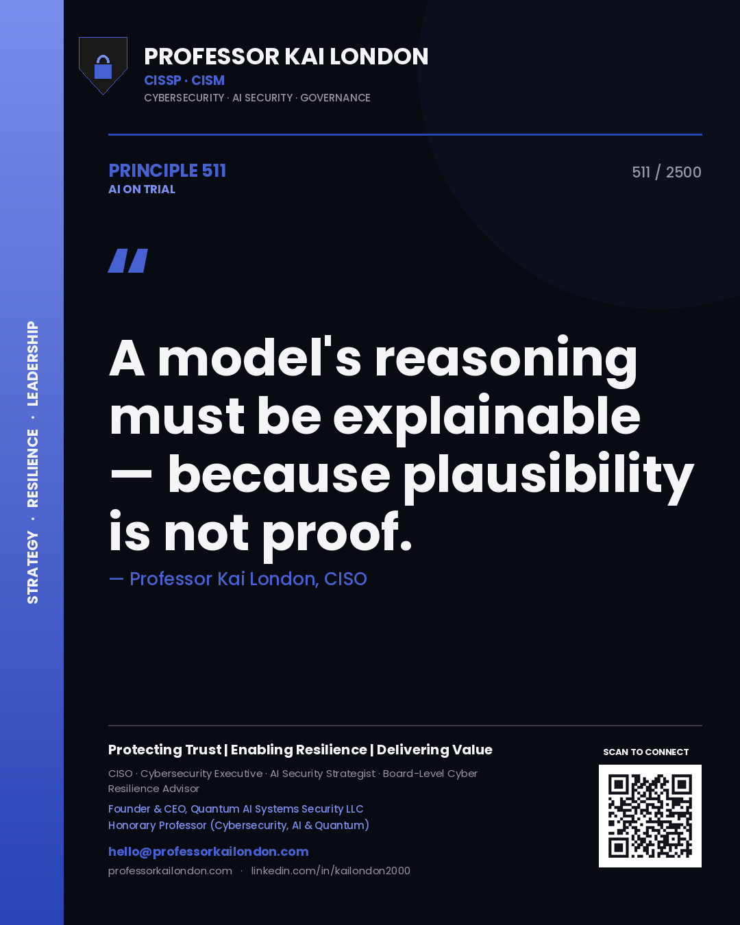 Quote card by Professor Kai London reading 'A model's reasoning must be explainable — because plausibility is not proof.'. From the book AI on Trial.