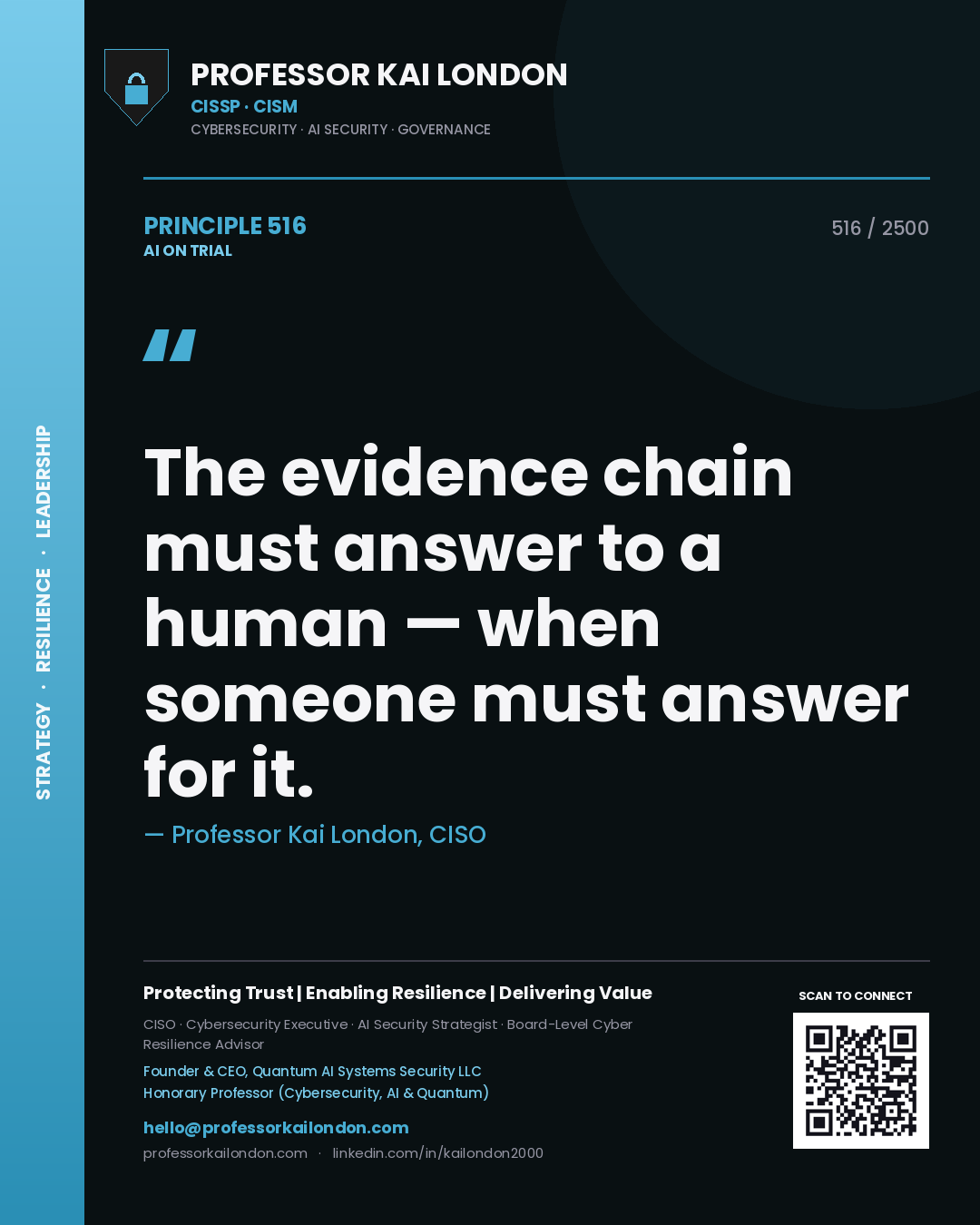 Professor Kai London principle 516: The evidence chain must answer to a human — when someone must answer for it.