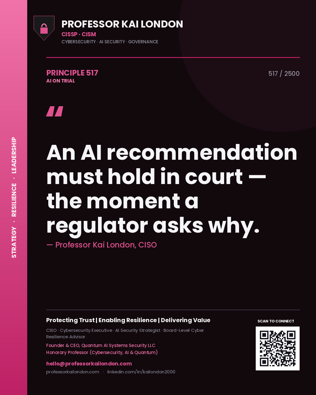 Professor Kai London principle 517: An AI recommendation must hold in court — the moment a regulator asks why.