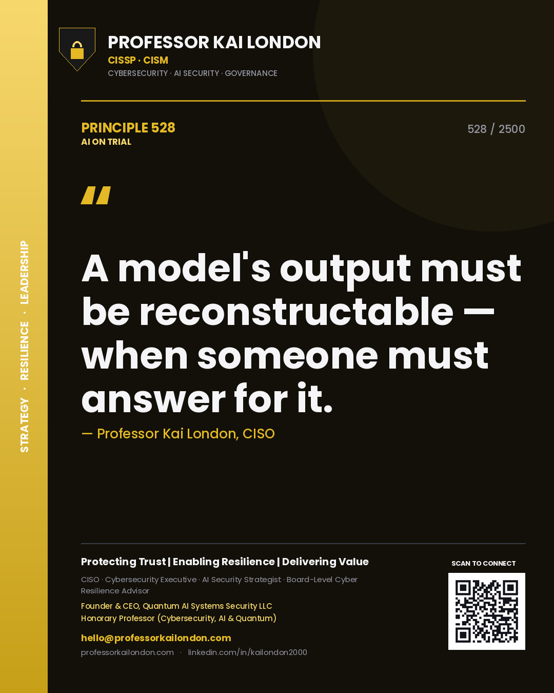 Professor Kai London principle 528: A model's output must be reconstructable — when someone must answer for it.