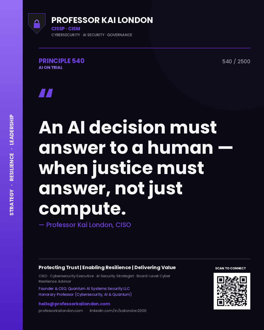 Quote card by Professor Kai London reading 'An AI decision must answer to a human — when justice must answer, not just compute.'. From the book AI on Trial.