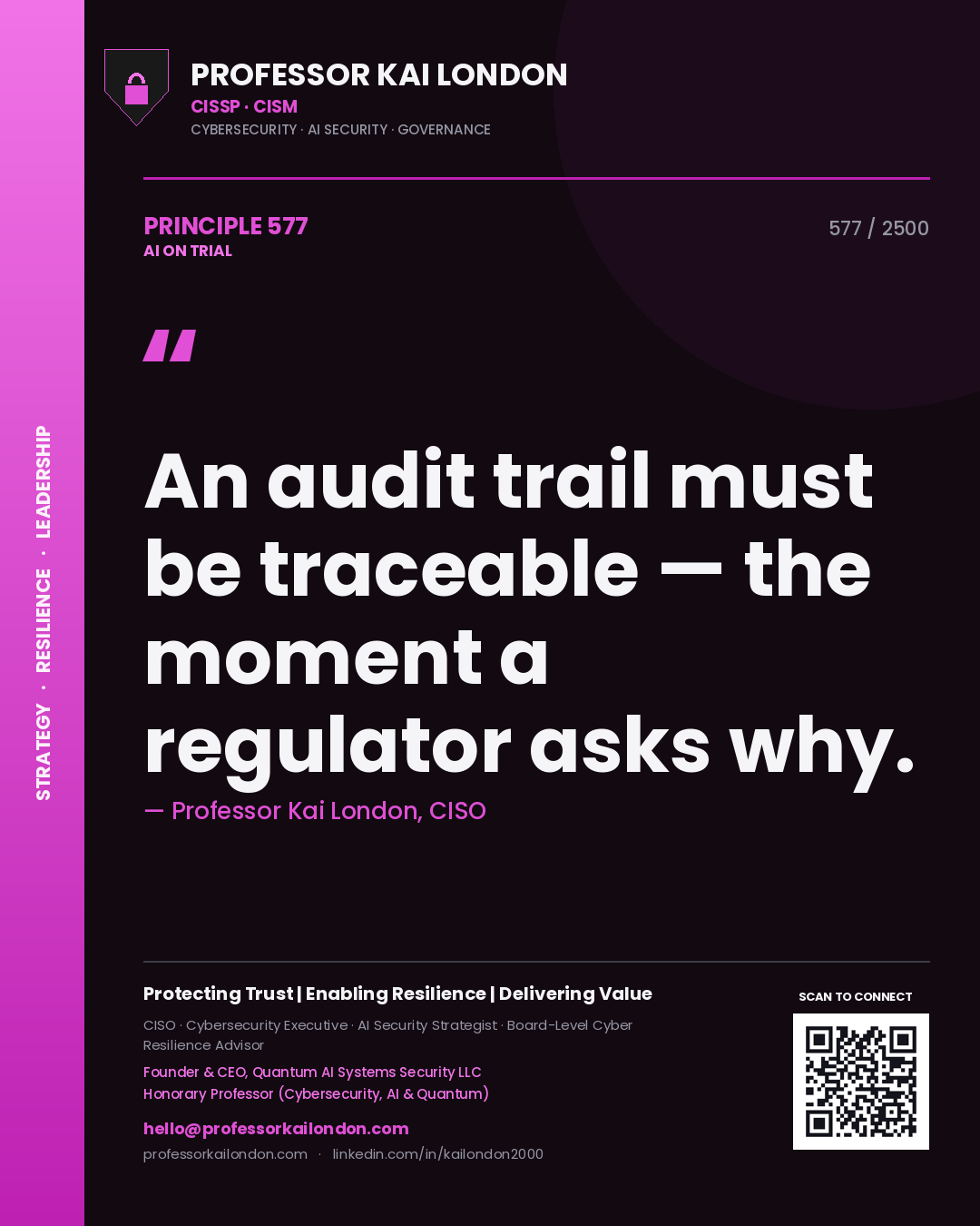 Professor Kai London principle 577: An audit trail must be traceable — the moment a regulator asks why.