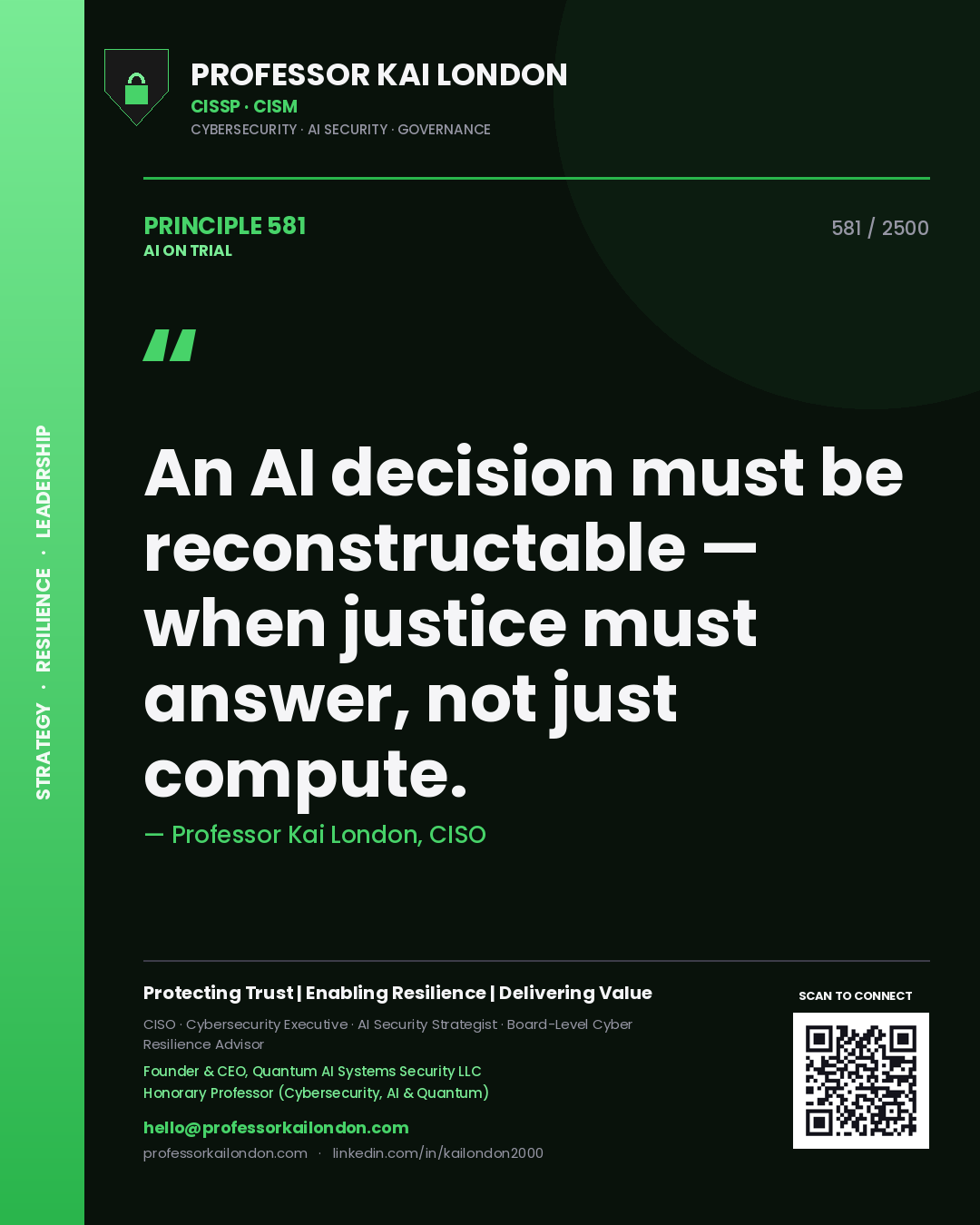 Professor Kai London principle 581: An AI decision must be reconstructable — when justice must answer, not just compute.