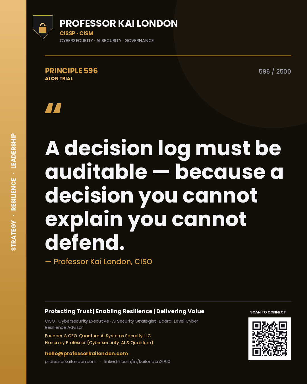 Professor Kai London principle 596: A decision log must be auditable — because a decision you cannot explain you cannot defend.