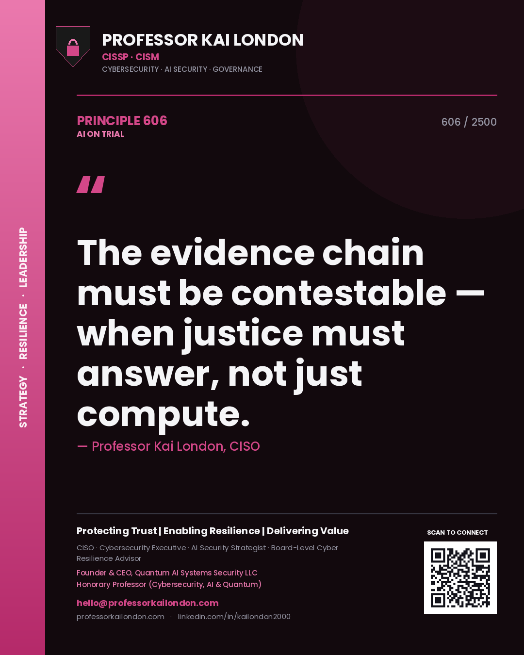 Quote card by Professor Kai London reading 'The evidence chain must be contestable — when justice must answer, not just compute.'. From the book AI on Trial.