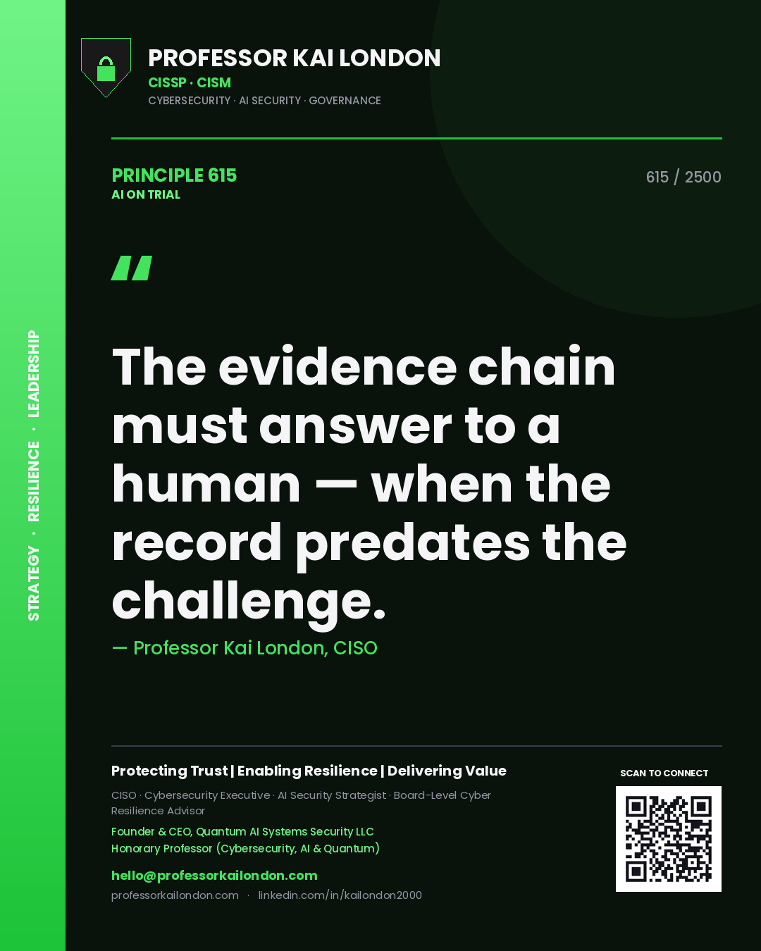Professor Kai London principle 615: The evidence chain must answer to a human — when the record predates the challenge.