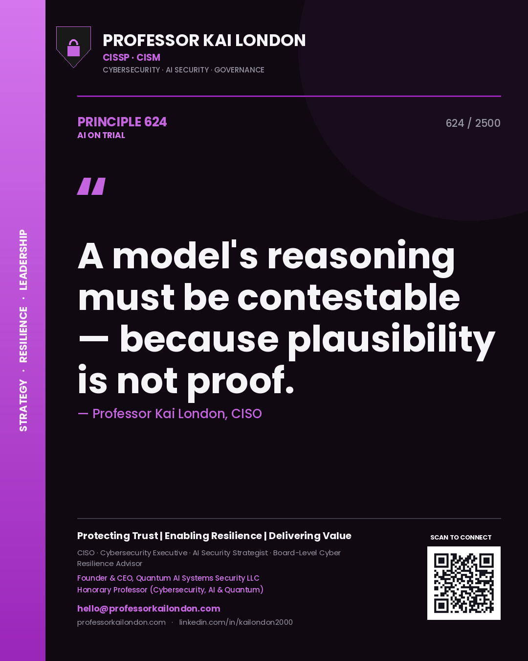 Professor Kai London principle 624: A model's reasoning must be contestable — because plausibility is not proof.