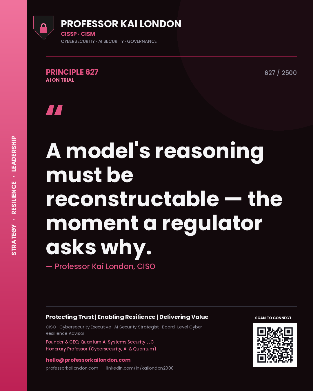 Quote card by Professor Kai London reading 'A model's reasoning must be reconstructable — the moment a regulator asks why.'. From the book AI on Trial.