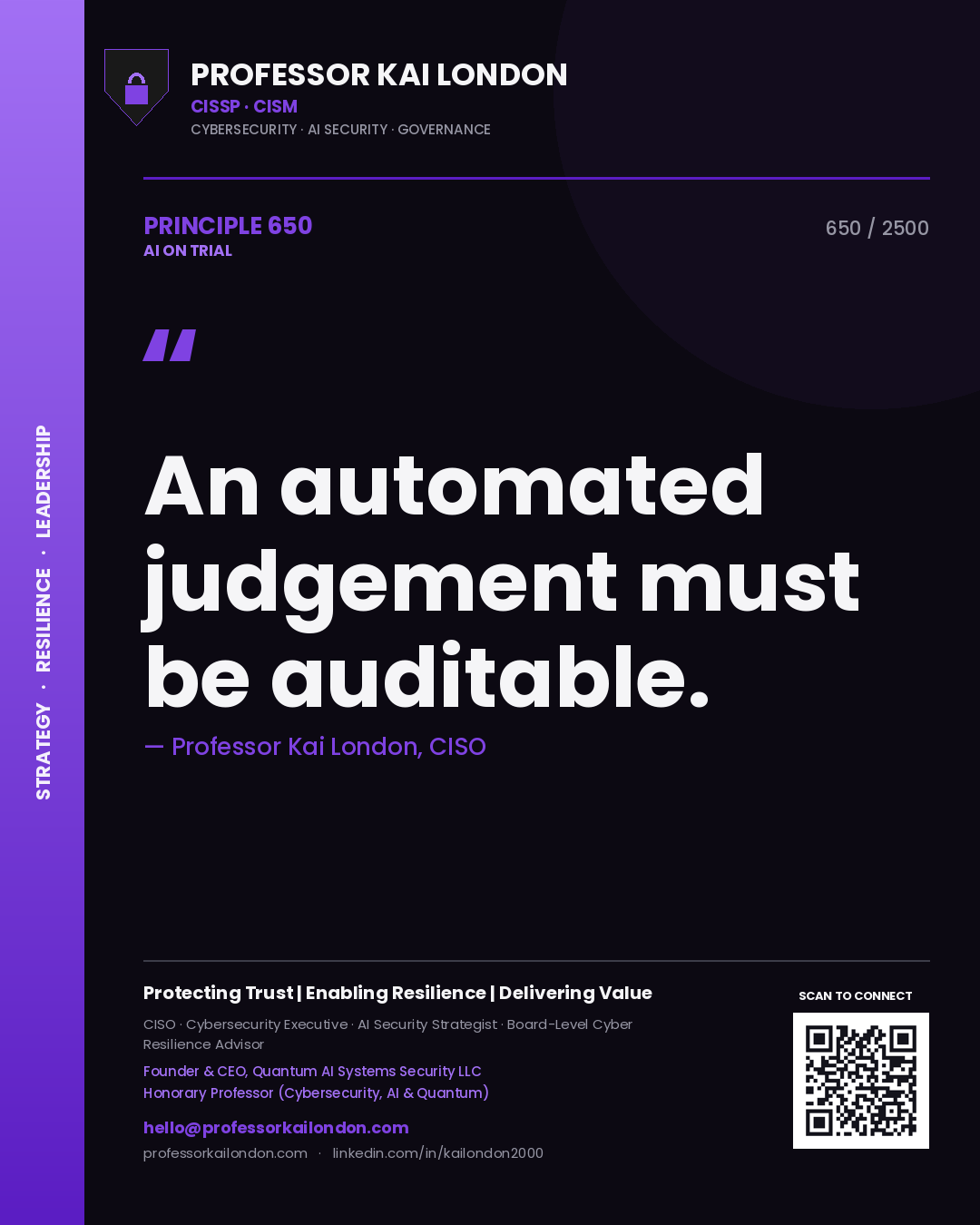 Quote card by Professor Kai London reading 'An automated judgement must be auditable.'. From the book AI on Trial.