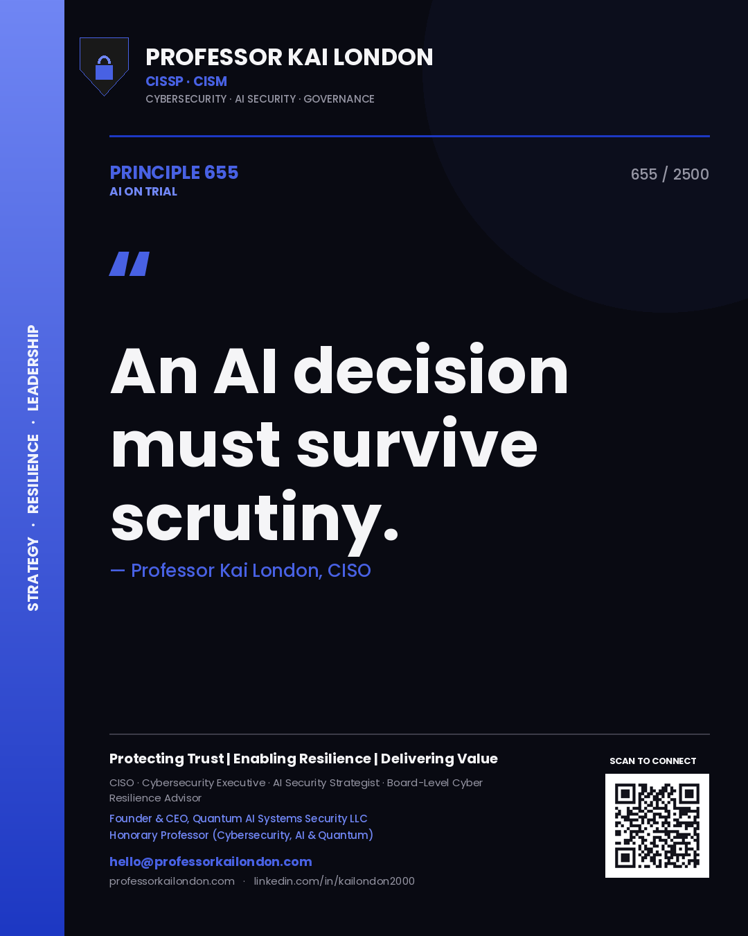 Quote card by Professor Kai London reading 'An AI decision must survive scrutiny.'. From the book AI on Trial.