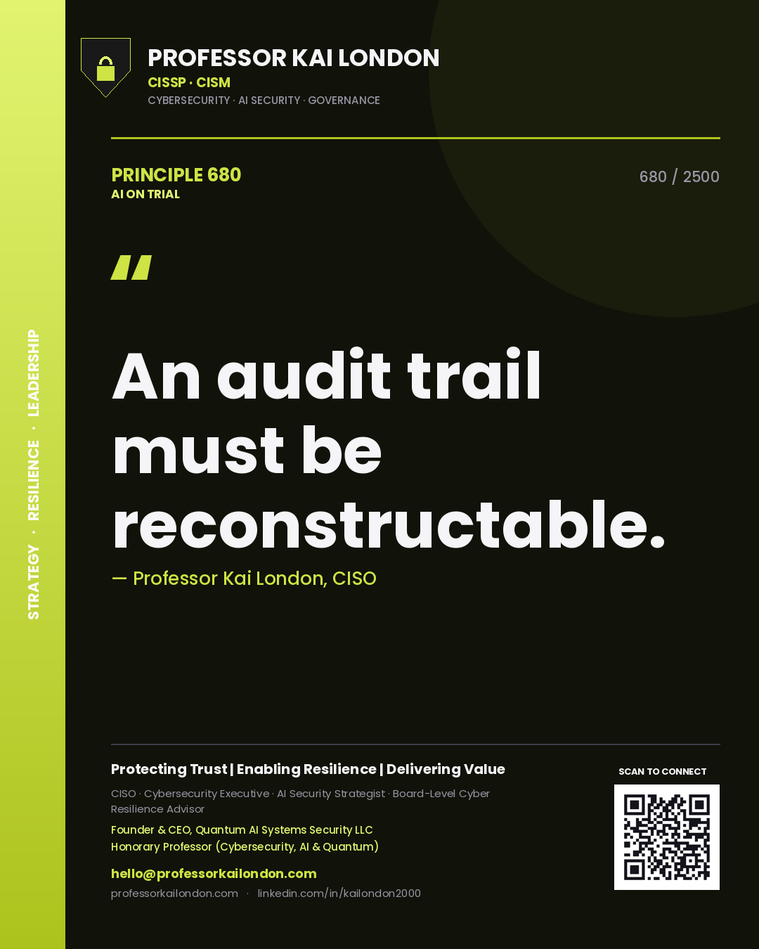 Professor Kai London principle 680: An audit trail must be reconstructable.