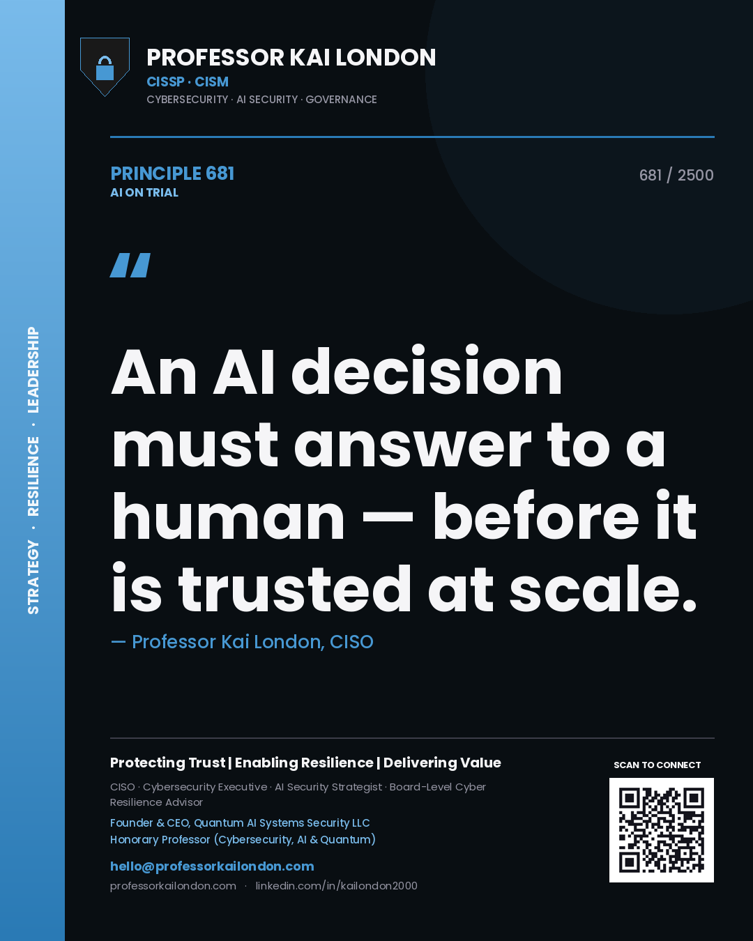 Professor Kai London principle 681: An AI decision must answer to a human — before it is trusted at scale.