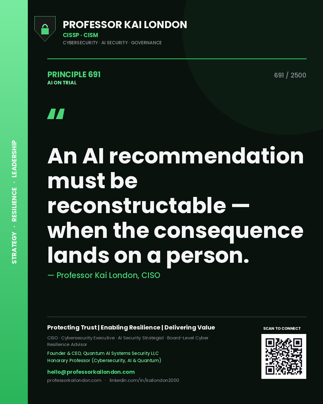 Professor Kai London principle 691: An AI recommendation must be reconstructable — when the consequence lands on a person.