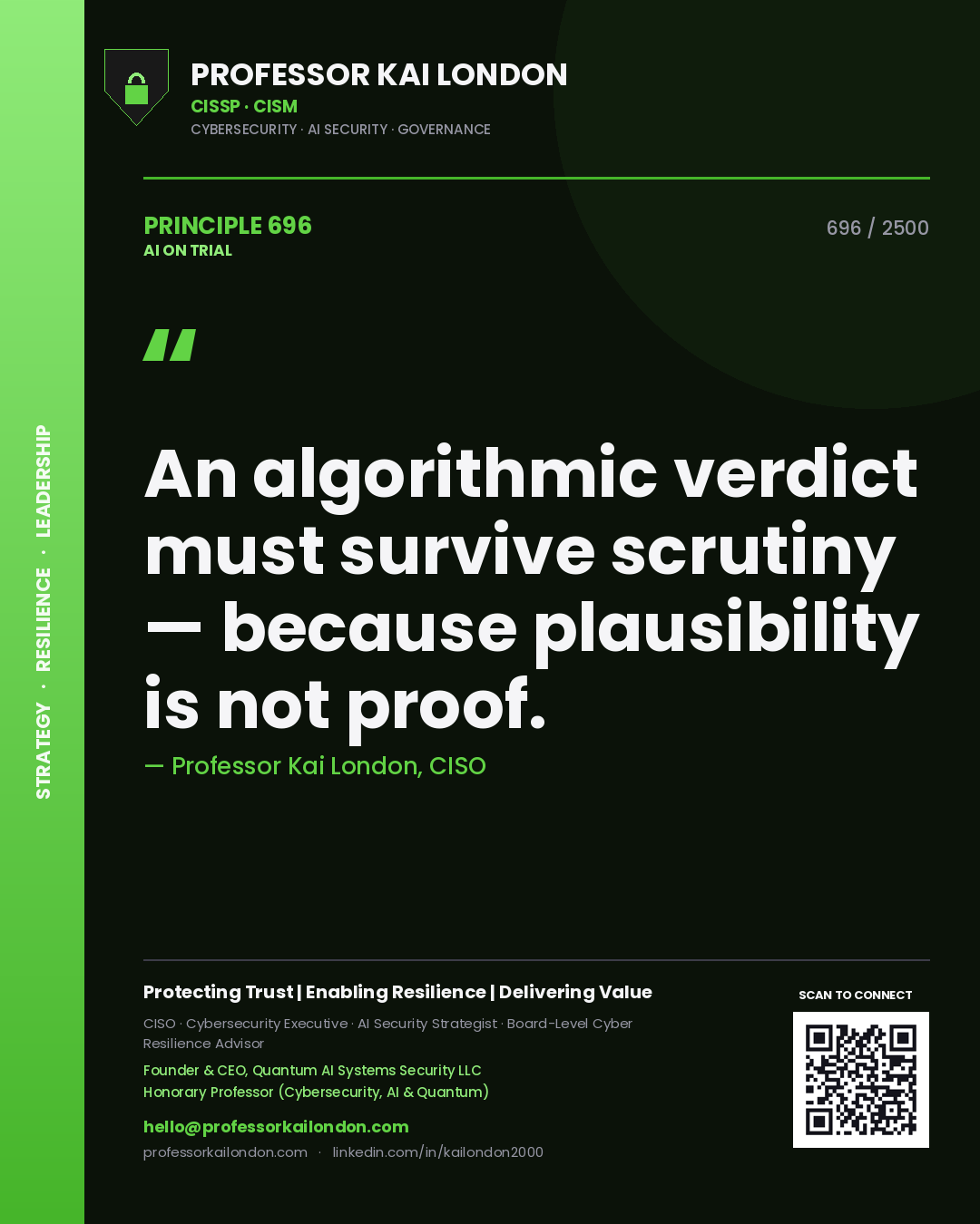 Professor Kai London principle 696: An algorithmic verdict must survive scrutiny — because plausibility is not proof.