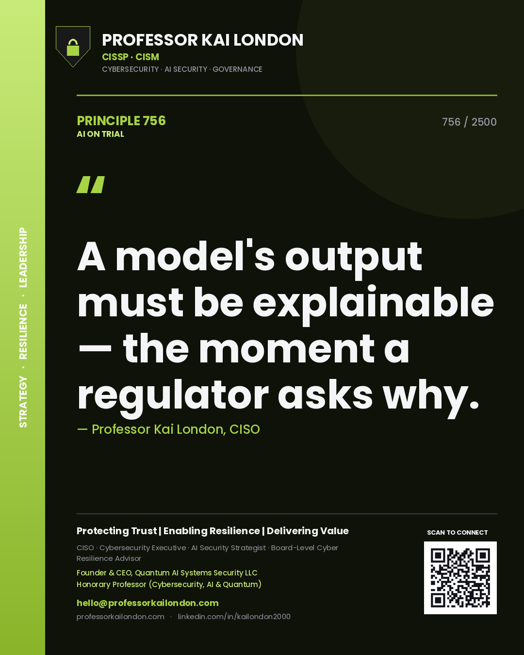 Quote card by Professor Kai London reading 'A model's output must be explainable — the moment a regulator asks why.'. From the book AI on Trial.