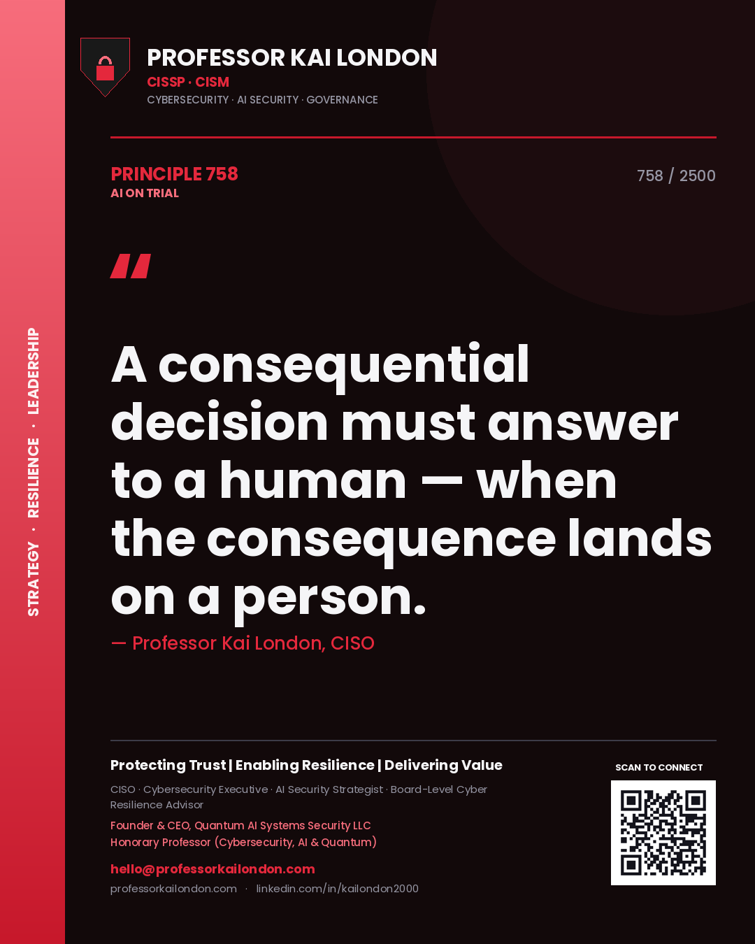 Quote card by Professor Kai London reading 'A consequential decision must answer to a human — when the consequence lands on a person.'. From the book AI on Trial.