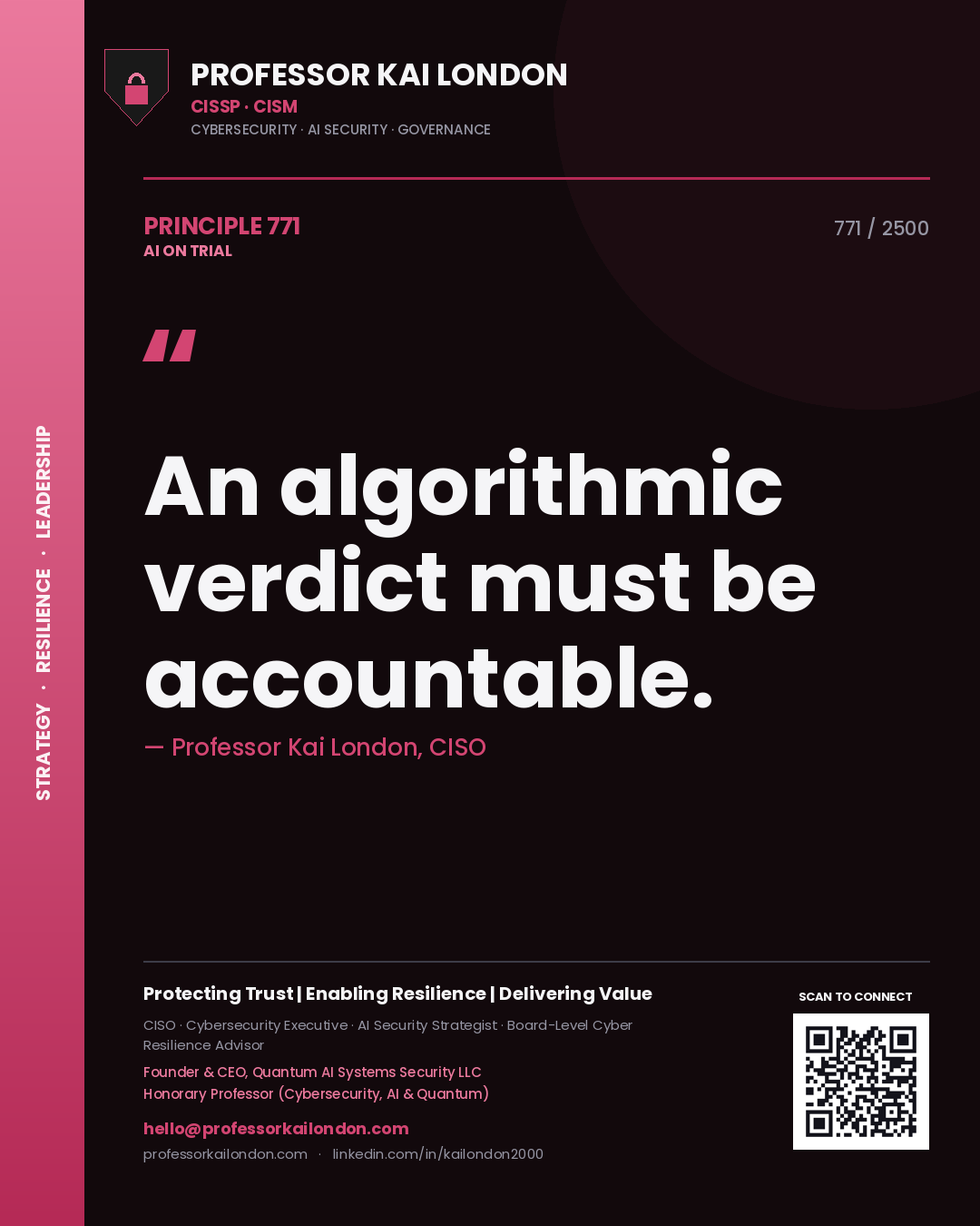 Quote card by Professor Kai London reading 'An algorithmic verdict must be accountable.'. From the book AI on Trial.